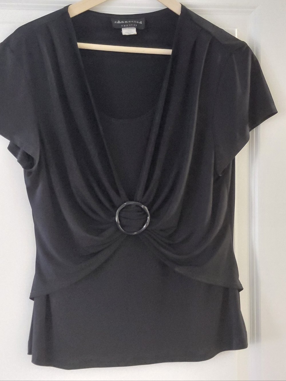 connected apparel Black Short Sleeve Draped Ring-Front Top